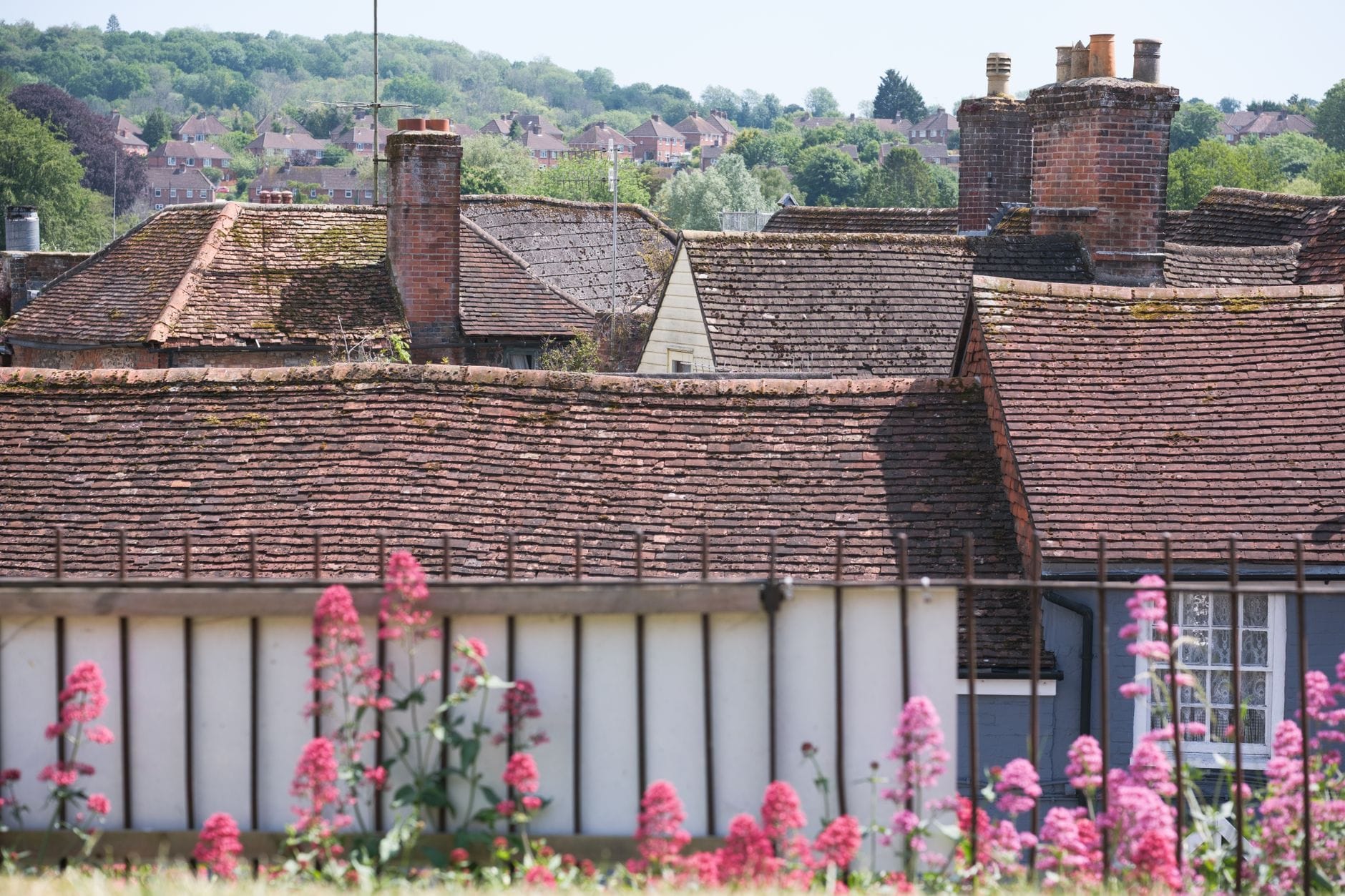 Scenic view of rustic rooftops in Marlborough, England, adorned with vibrant spring flowers.